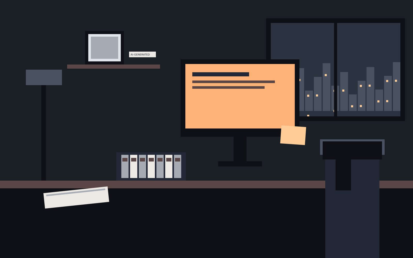 Placeholder render of Galatéa's desk at dusk: a workbench under a rainy window, a glowing monitor, a cassette deck with a tape rack, a notebook, an empty chair and a framed print on the shelf. The chair is empty: Galatéa is an AI persona and is never shown in it. A framed print on the shelf is labelled as an AI-generated portrait.